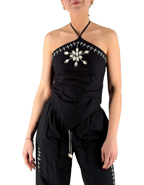 Black Top With Embroidery And Shells