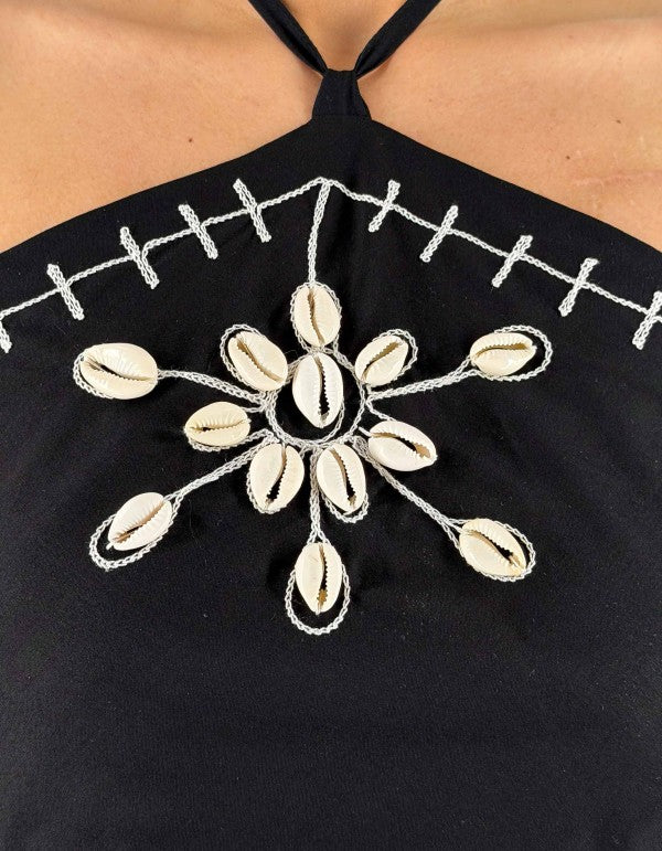 Black Top With Embroidery And Shells